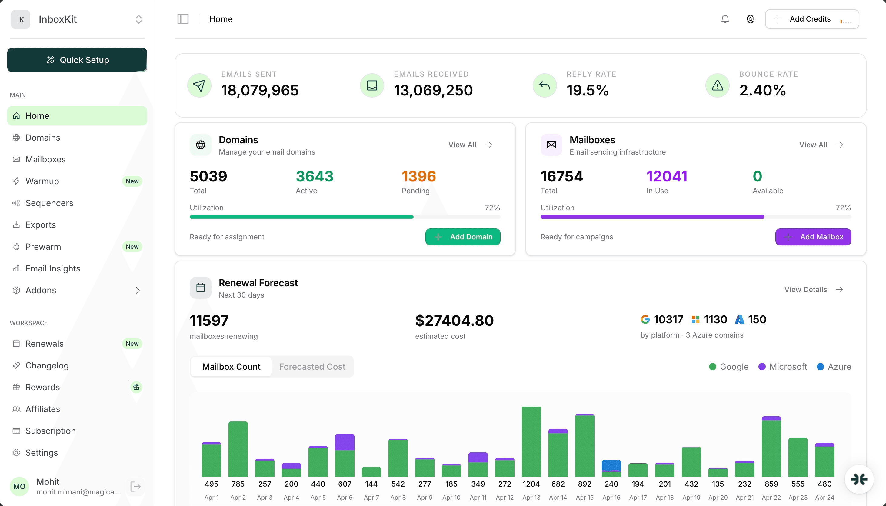 InboxKit API keys management in dashboard settings