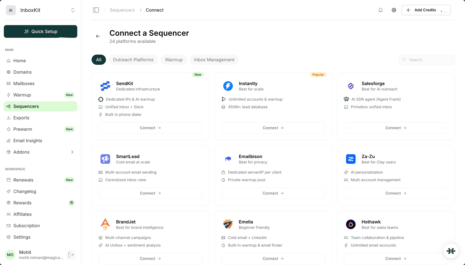 InboxKit 24+ sequencer integrations